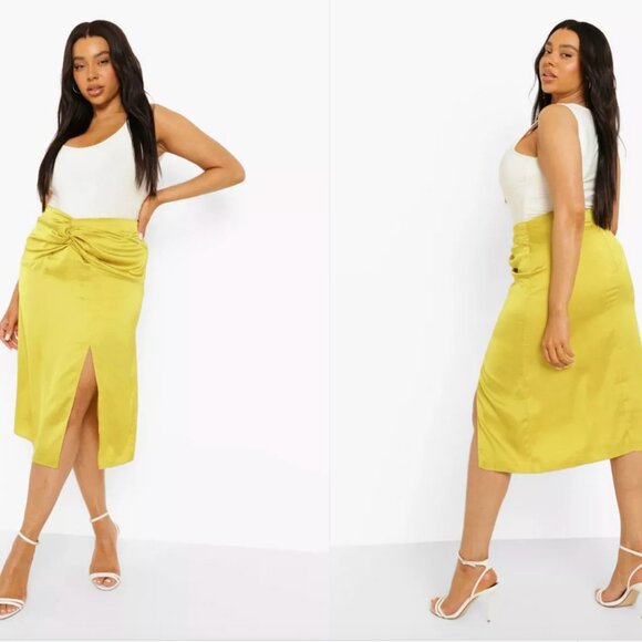 BOOHOO Plus Size Satin Midi Skirt size 14 - Yellow, Green - Picture 4 of 4